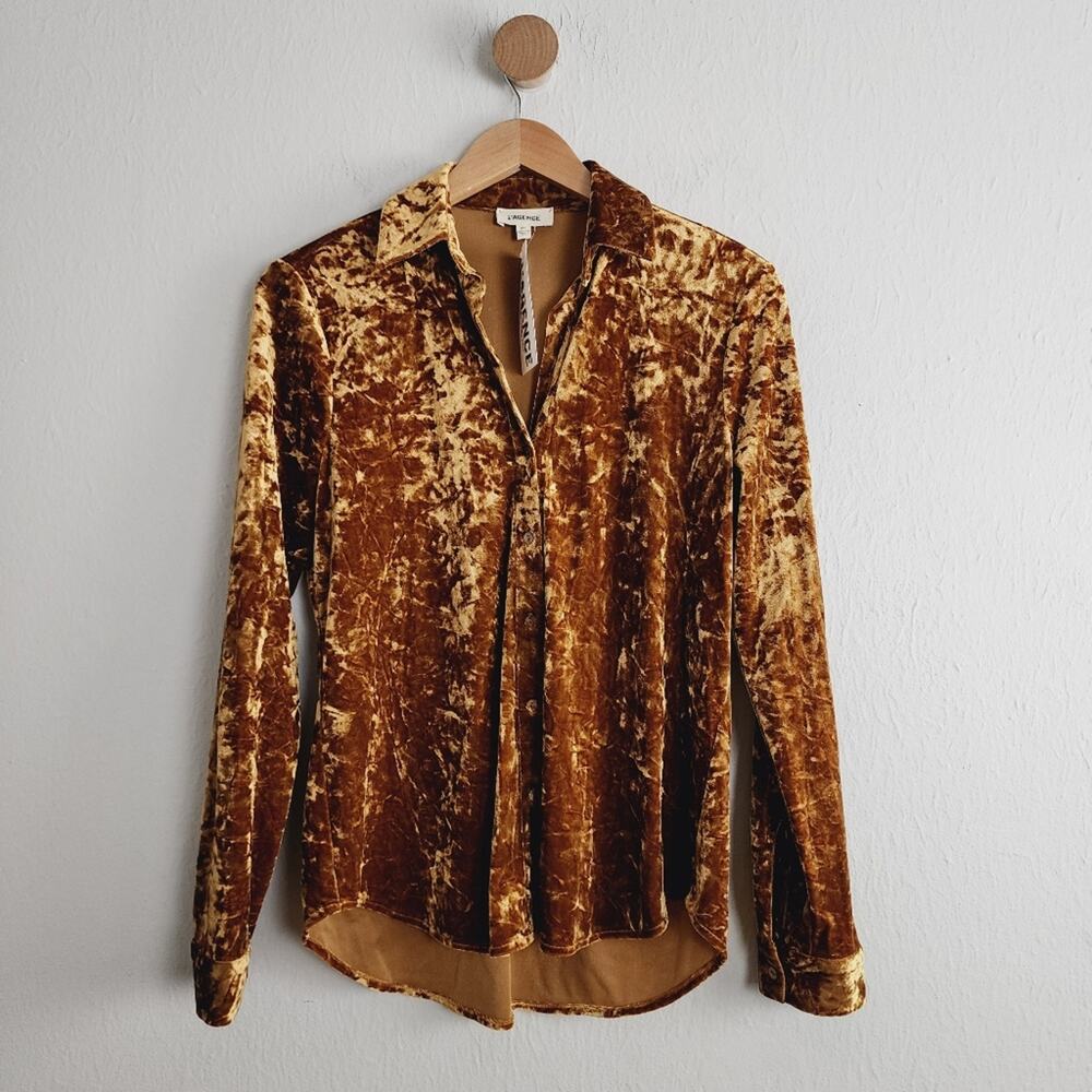 L'Agence Laurent Dark Khaki Velvet Burnout Blouse Shirt NWT XS Mother of Pearl